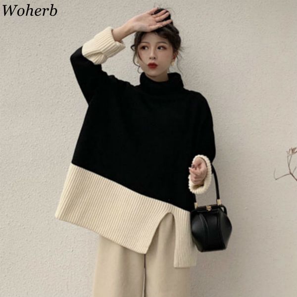 

woherb sweater women turtleneck long sleeve pullover casual vintage contrast color knitted jumpers korean new fashion 90904 201023, White;black