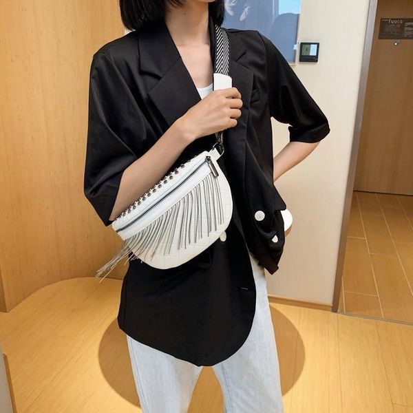 

waist bags women punk rivet tassel cool fanny pack leather chest belt crossbody shoulder phone money bum hip purse1
