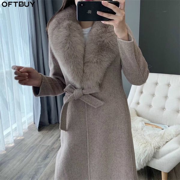

oftbuy winter jacket women real fur coat natural fox fur collar cashmere wool blends long outerwear belt ladies streetwear t200916, Black