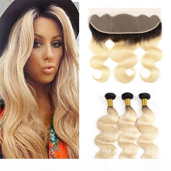 

два тона 1b 613 # dark roots ombre remy человеческих волос объемная волна связки с 13x4 honey blonde уха до уха кружева фронтальная закрытие, Black