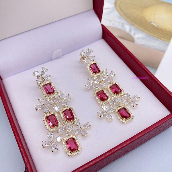 

french heavy industry luxury geometric diamond diamond red petal earrings s925, Silver