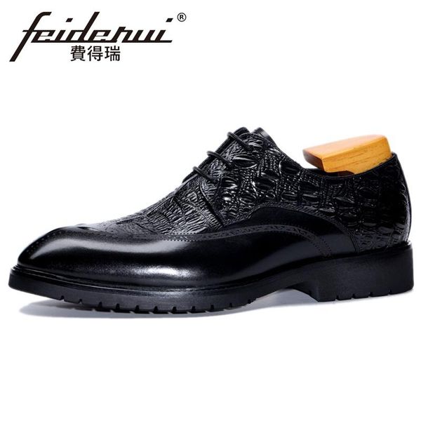 

elegant genuine leather men's alligator oxfords pointed toe laces man wedding party flats formal dress platform shoes bql230, Black