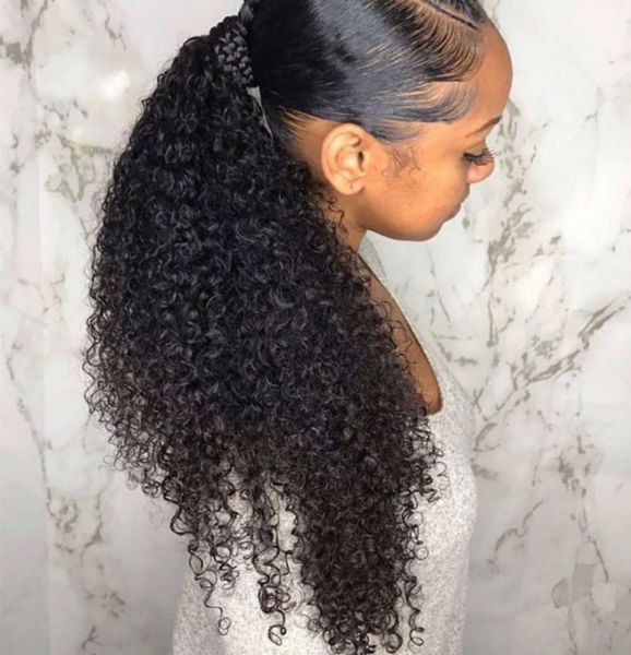 

new arrival natural hair kinky curly ponytail hair extension clip ins curly drawstring dye high pony tail hairpiece 140g, Black
