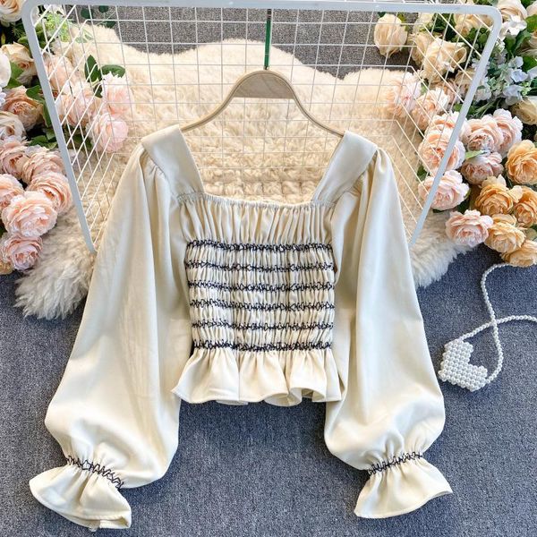 

women's blouses & shirts long sleeve short 2021 fashion square neck thread elastic slim fit shirt elegant blouse clothes q561, White