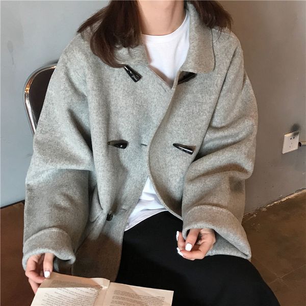 

2021 new casual thicken tweed wool women korean warm horn buckle jacket and coat female fashion outerwear lady streetwear fcnm, Black