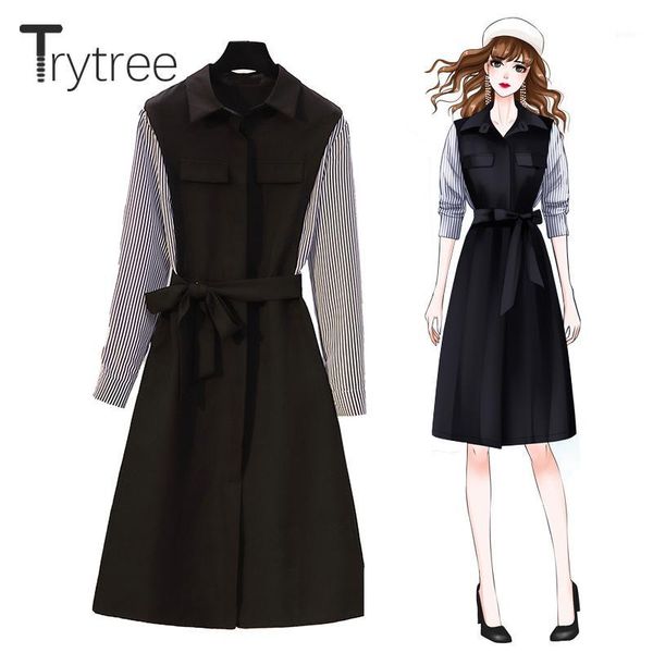 

trytree autumn winter casual woman dress turn-down collar pockets belt black patchwork striped sleeve mid-calf office lady dress1, Black;gray