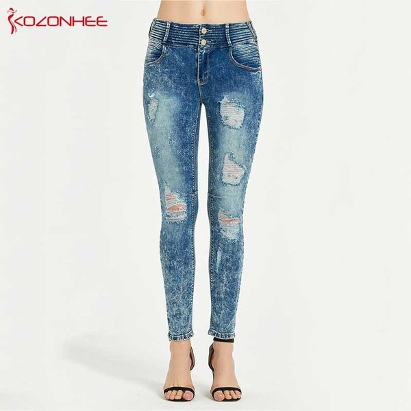 

women's jeans fashion stretch hole distressed skinny with high waist elasticity ripped casual bandage plus size #58, Blue