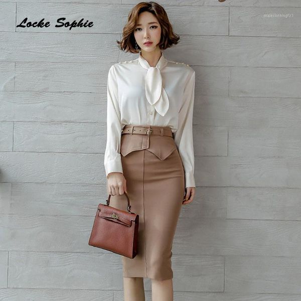 

two piece dress 2piece women's tracksuits twinset shirts and skirts 2021 spring cotton splicing waist belt suits set ladies skinny trac, White