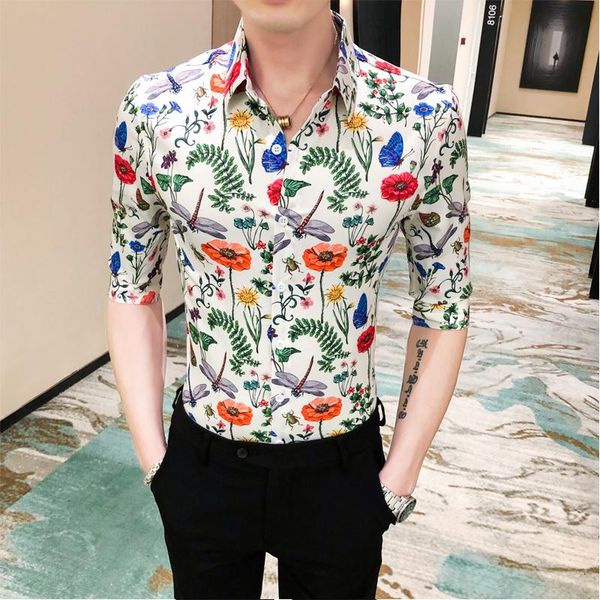 

shirt men insect print middle sleeve slim blouse male fashion social party dress short sleeve summer new arrival, White;black