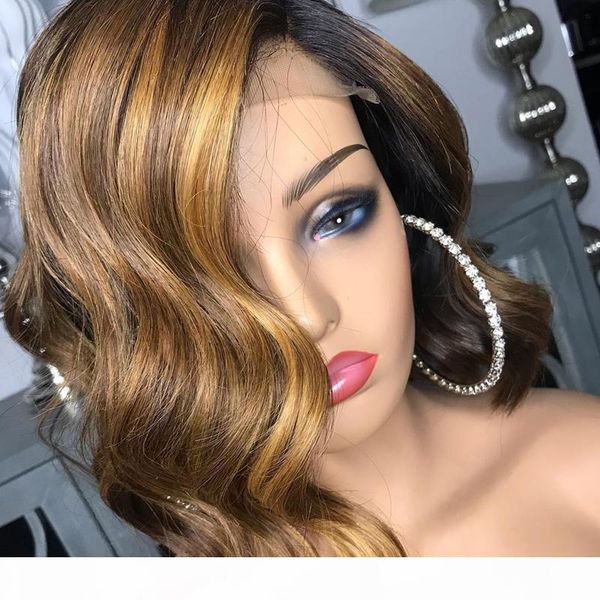 

150 density 13x4 lace front human hair wigs short bob wigs ombre colored highlight blonde wig for women glueless closure, Black;brown