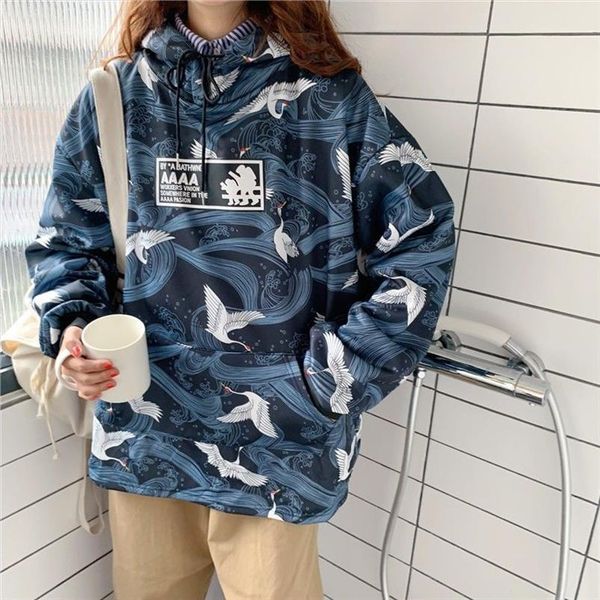 

hip hop 2020 winter vintage print hooded sweatshirts women oeversize loose hoodies chic pullover long sleeve, Black