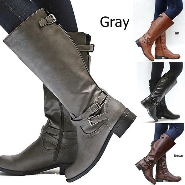 

новый 2020 мода осень зима кожа boots женщины повседневная zipper boots колено высокие vintage roman пряжка женская обувь, Black