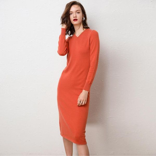 

smpevrg100% wool new v-neck cashmere long skirt slim long sweater sweater over the knee knitted women's dress1, White;black