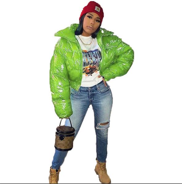 

women pu glossy stand collar parka winter wadded jackets zipper cotton-padded coats windproof puffer coats solid color short jacket f110409, White