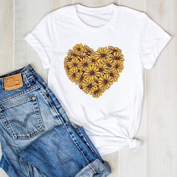 

women lady flower sunflower love cute fashion print ladies summer t tee tshirt womens female shirt clothes graphic t-shirt, White