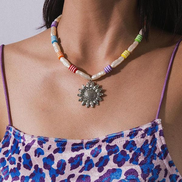 

pendant necklaces sunflower luxury design imitation pearl chokers necklace for women geometric bead female jewelry, Silver
