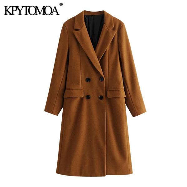 

kpytomoa women 2021 fashion with pockets double breasted woolen vintage long sleeve back vents female outerwear chic overcoat, Black