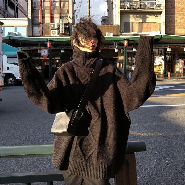 

2021 new sticky twist turtleneck from female student long winter lazy wind loose sweater solid hv3c, White;black