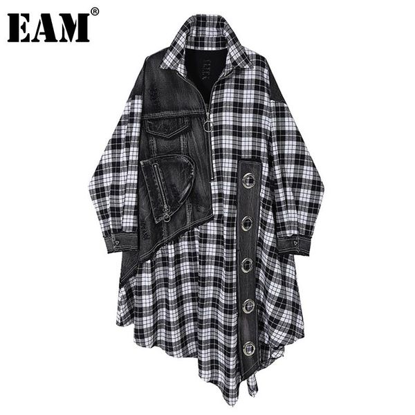 

eam] women black plaid denim big size shirt dress new lapel long sleeve loose fit fashion tide spring autumn 2021 1dc284, Black;gray