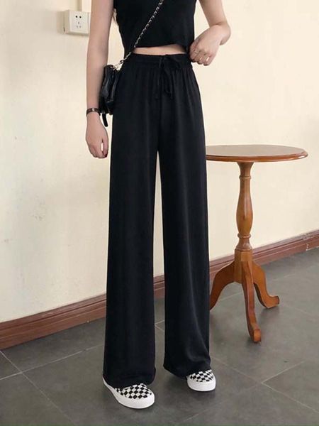 

2020 summer new elasticated loose wide leg suit high waist drape straight mop pants female student tide1, Black;white