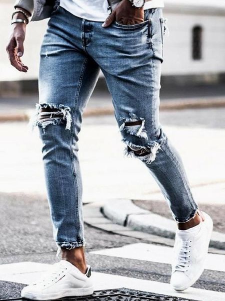 

4 styles men ripped skinny biker jeans destroyed hole taped slim fit stretchy casual denim, Blue