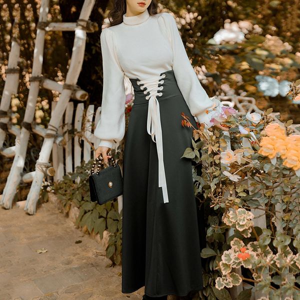 

2021 classic two sets of fashionable temperament hepburn bandage half skirt lantern cap high suit upper sleeve patp, Gray