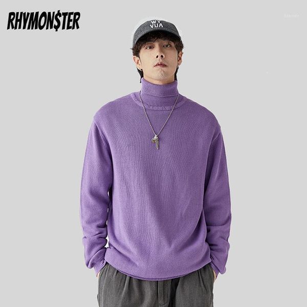 

rhymonster 2021 new soild color knitted pullover turtleneck sweaters long sleeve knitwear sweater hip hop casual streetwear1, White;black