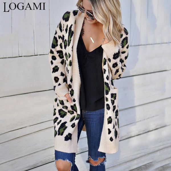 Damenstrick-T-Shirts LOGAMI Lange Leoparden-Cardigan-Ärmel Herbst-Winter-Pullover Mode 2021 Damenmantel