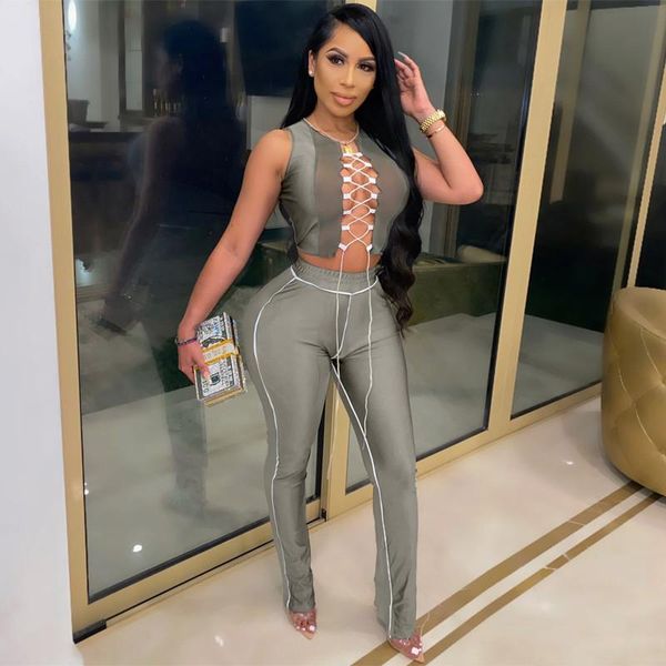 

2021 women's sets casual hollow out 2 piece set sleeveless lace-up tank crop flared pants split bottoms clubwear, Gray