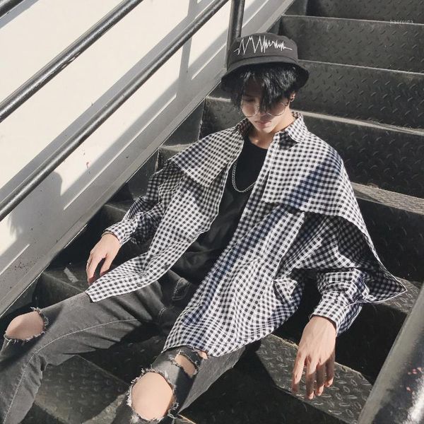 

streetwear korean autumn shawl sleeve long sleeve shirt men's plaid loose oversized blouse korean shirt cardigan outerwear1, White;black