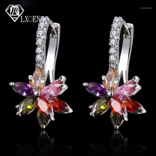 

lxoen luxury flower zirconia korean hoop earrings for women with silver color wedding earings fashion jewelry1, Golden;silver