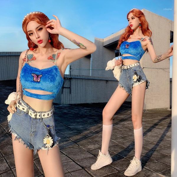 

stage wear jazz costumes lady sling vest short denim shorts show hip hop clothing nightclub bar dj rave outfit dn61281, Black;red