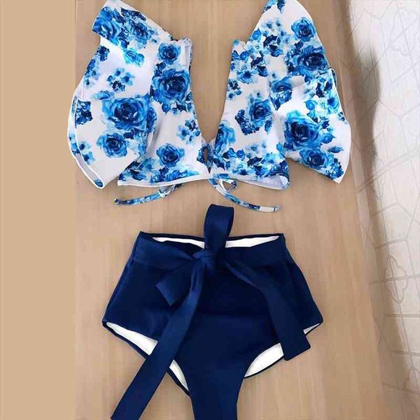 

bikinis women swimsuit blue and white porcelain printing swimwear ruffle bathing suit beachwear high waist biquini, White;black