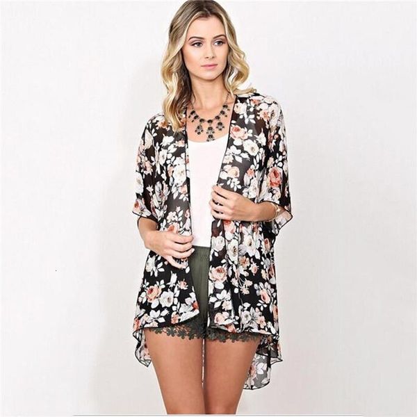 

2018 new arrival summer sunproof cardigan fashion women chiffon bikini shirts kimono cardigan coat printing half sleeve camisa, White
