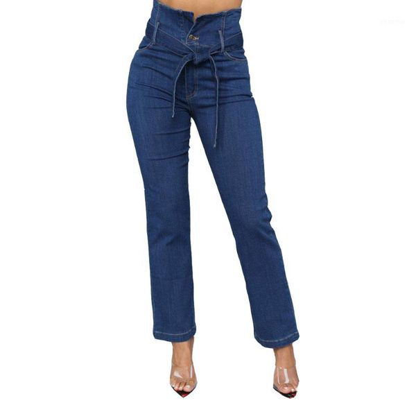 

2019 new woman slim straight pants blue high waist belt stretch jeans wide leg pants loose fit trousers1