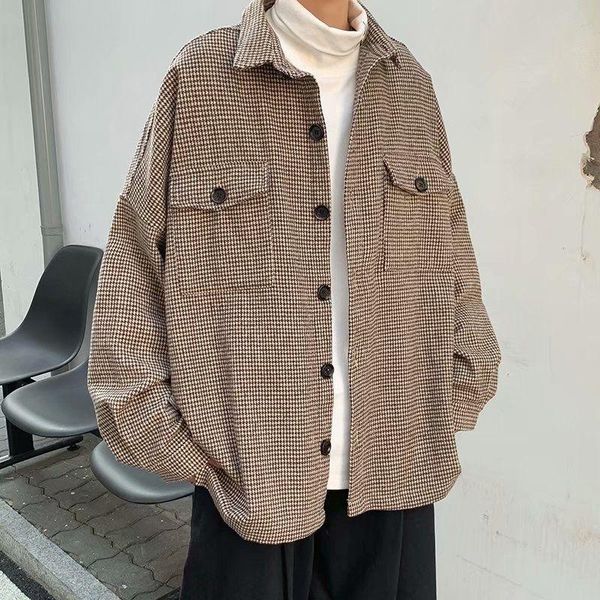 

men's wool & blends autumn plaid coat fashion retro casual short woolen men streetwear loose korean style jacket mens m-2xl, Black