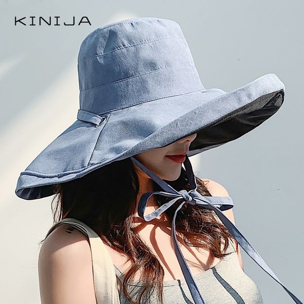 

summer women double side fashion wide large brim sun hat outdoor beach fisherman cap uv proof sun protection hat bucket hat t200720, Blue;gray