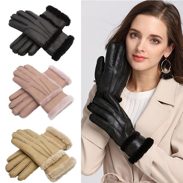 

2021 sheepskin winter gloves women real cashmere fur warm thick gloves ladies full finger genuine leather mitten, Blue;gray