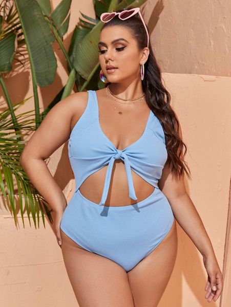 

plus cut-out knot front one piece swimsuit h68c#, Black