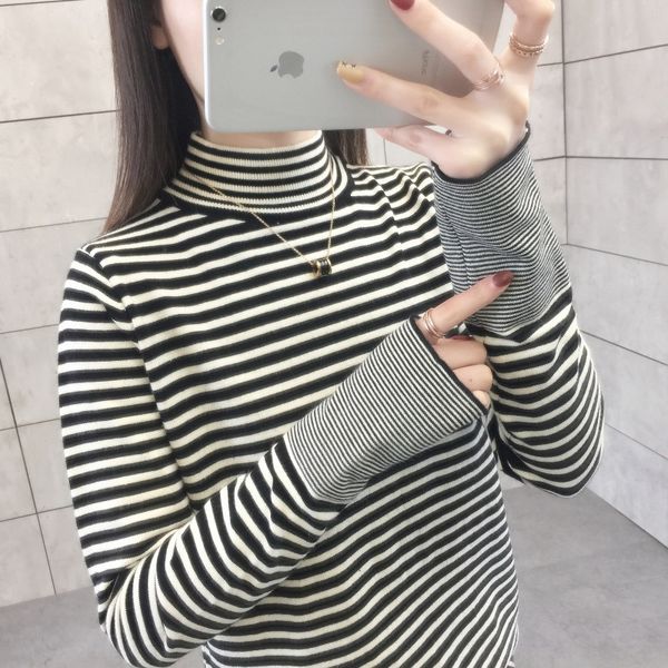 

half high neck cardigan women's autumn winter 2020 new style t- type t-shirt long sleeve korean striped bottoming shirt qhxcz, White;black