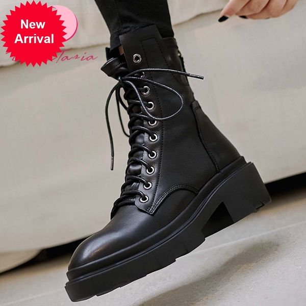 

2021 the new new ladies genuine leather motocycle cross-tied zip chunky women's boots woman's shoes r6nt, Black