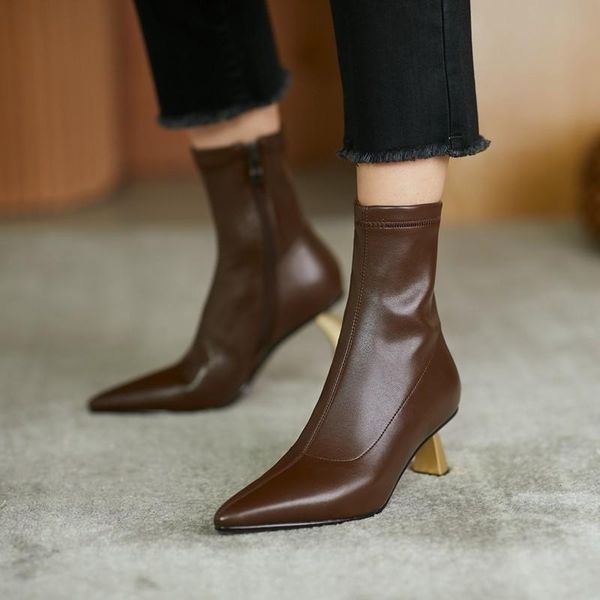 

women boots mid calf ladies shoes fashion pu stretch boots pointed toe 2020 trend warm fleece metal strange high heels size 40, Black