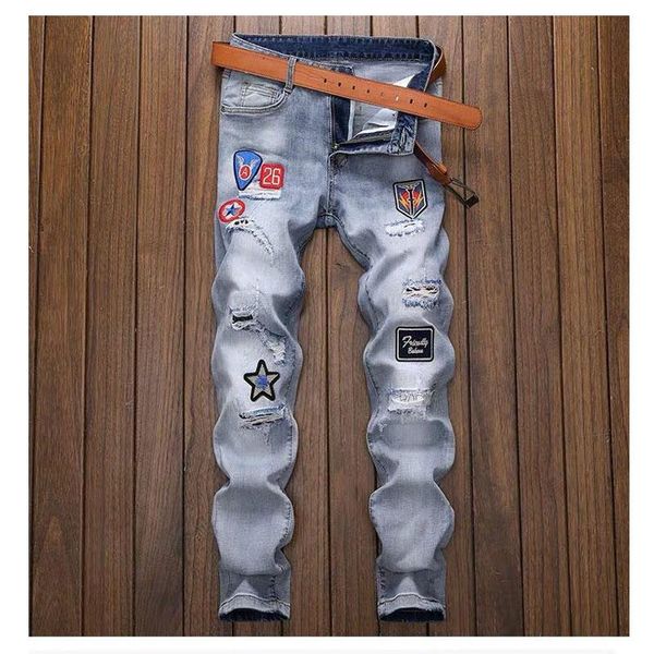

men's jeans little blue personality ripped men patch embroidery rhinestone stretch slim straight beggar trend demin jeans-ker001