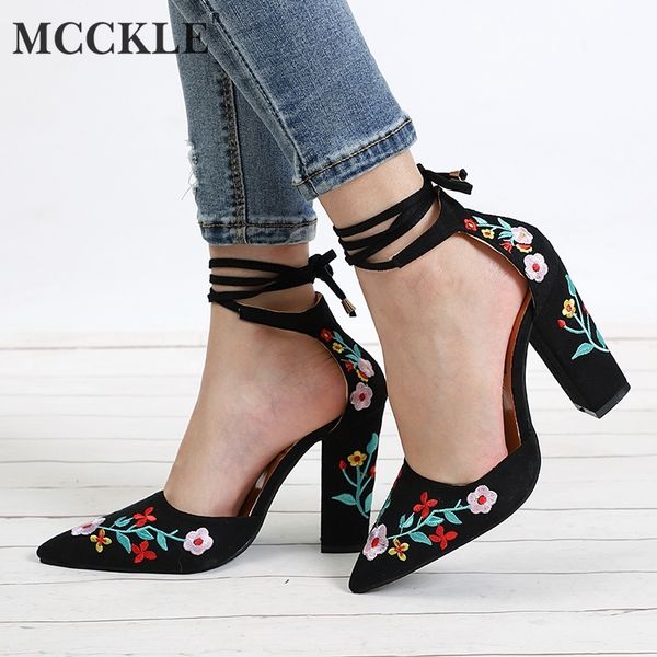 

mcckle women high heels plus size embroidery pumps flower ankle strap shoes female two piece party wedding pointed toe 1007, Black;white