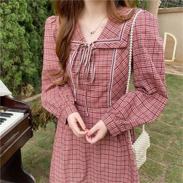 

hzirip 2020 korean chic plaid vintage sailor collar sweet girls retro high waist geometric a-line slim long dresses vestidos1, Black;gray