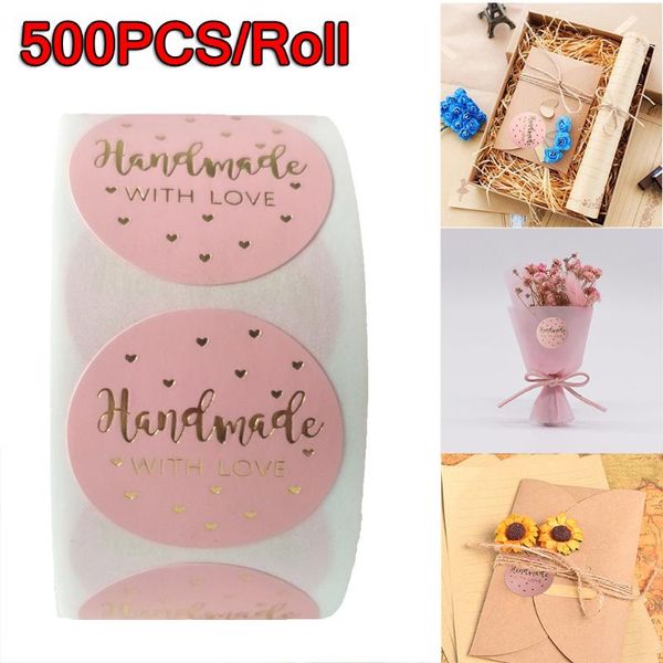 

500pcs/roll pink handmade with love stickers seals gold foil pink stickers for birthday party favors labels