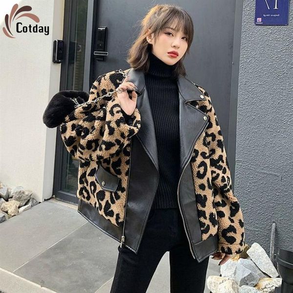 

cotday thick cotday lamb fur leopard print motorcycle winter warm women leopard faux leather jackets female fur in one coat, Black