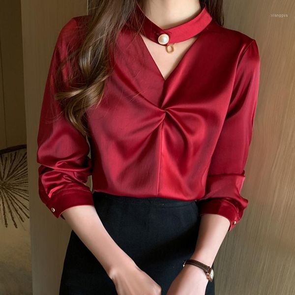 

saliency women blouses fashion 2020 spring and autumn satin long-sleeved shirt korean style of the wild design halter, White