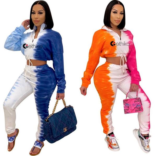 

women two piece clothing sets tie dye printing two color crop legging pants tracksuit long sleeve zip neck high collar outfit d102601, White