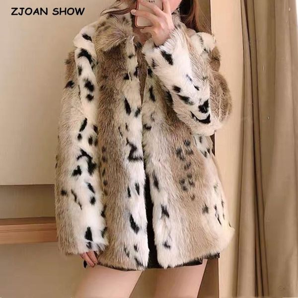 

winter lapel hairy shaggy gradient color leopard fur jacket long sleeve furry women coat loose vintage outerwear, Black